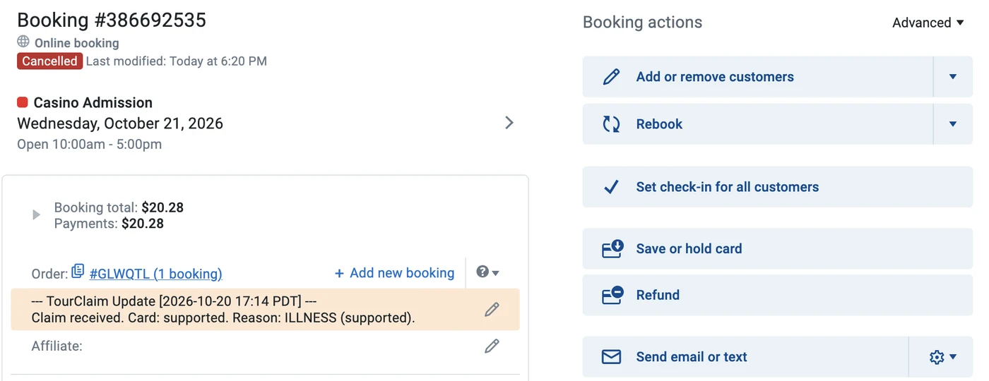 A FareHarbor booking marked Cancelled, with the TourClaim Update note Claim received, Card supported, Reason ILLNESS supported, and the booking total and payments both $20.28.
