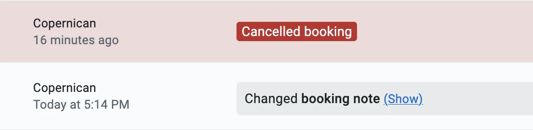 FareHarbor booking history: Copernican, Cancelled booking; and earlier, Copernican, Changed booking note.
