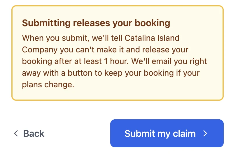 The TourClaim claim form above the Submit my claim button: a notice titled Submitting releases your booking, saying TourClaim will tell the operator the guest can't make it, release the booking after at least 1 hour, and email a button to keep the booking.