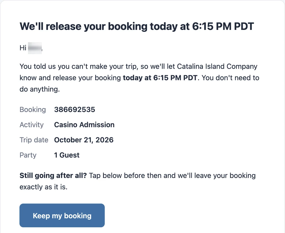 TourClaim email headed We'll release your booking today at 6:15 PM PDT, listing the booking number, activity, trip date and party, with a Keep my booking button.