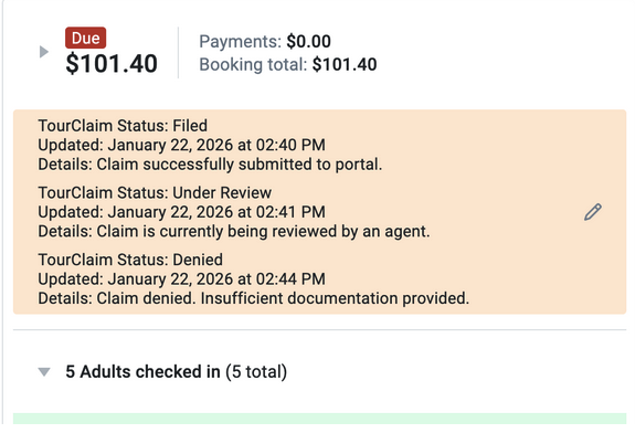 A FareHarbor booking showing TourClaim status notes: Filed, Under Review, and Denied, each with a timestamp and details.
